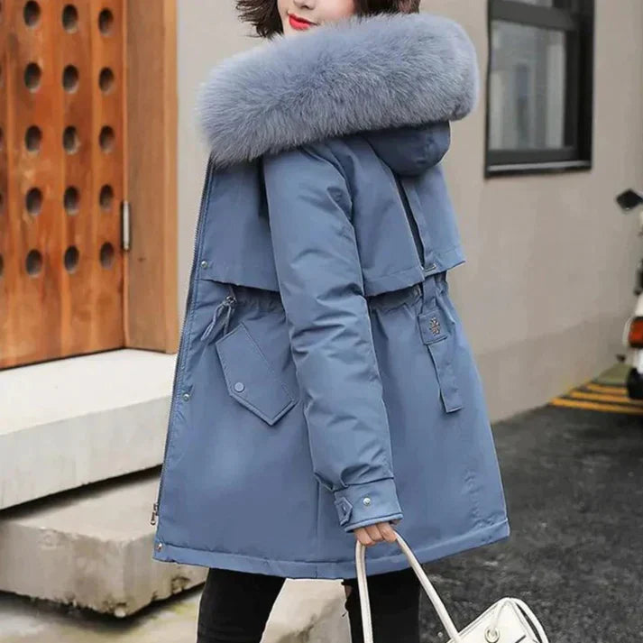 Dame Jakke Casual med Hætte og Kunstpels Krave 3