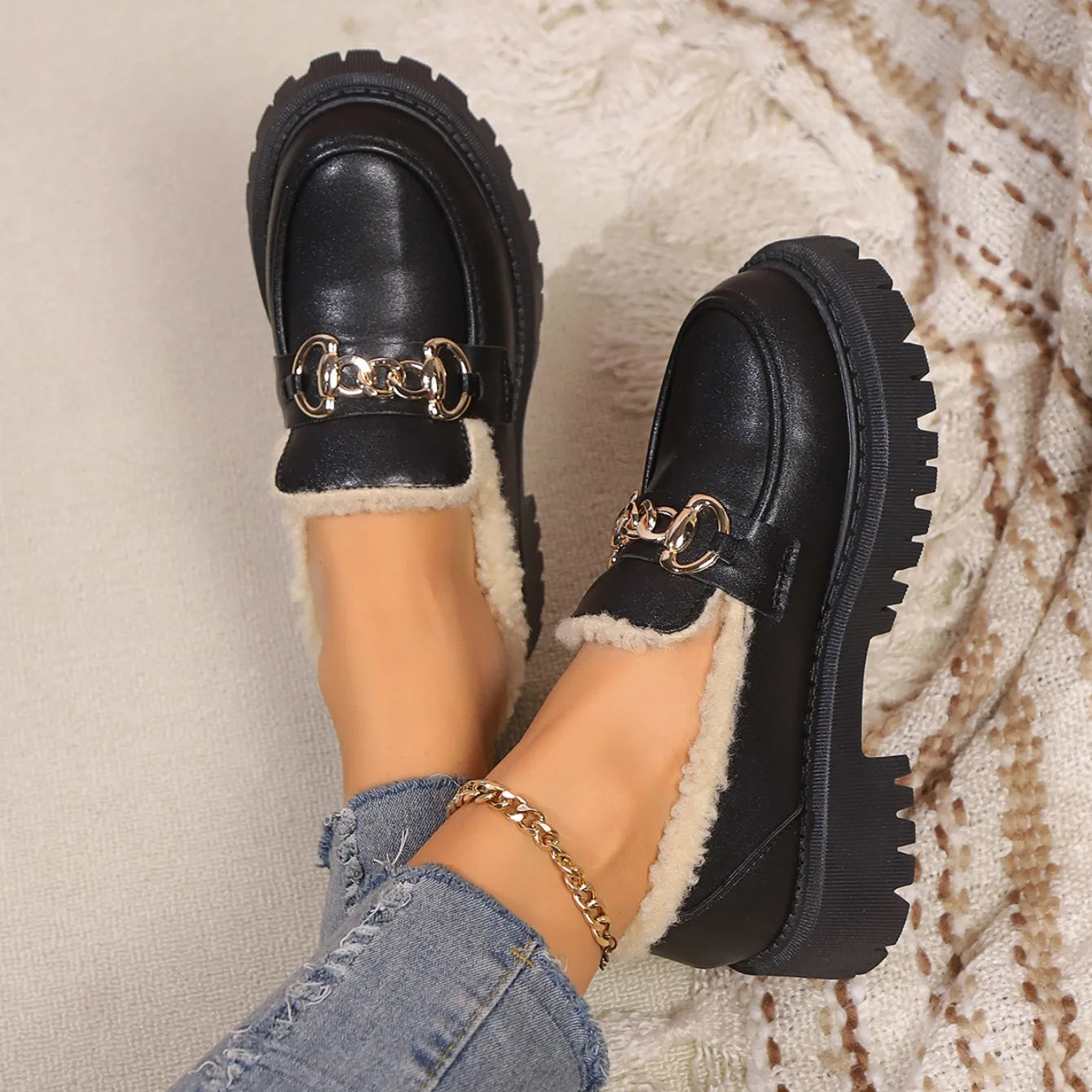 Dame Platform Loafers med Sherpa For 8