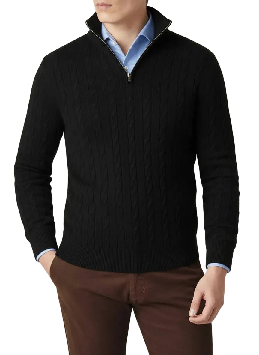 Herre Kabelstrik Sweater med Halv Lynlås 0