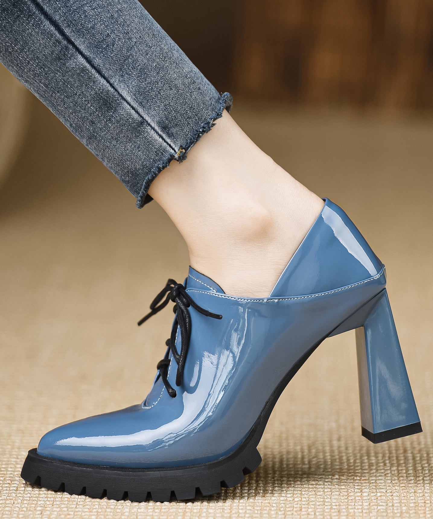 Kvinders Chunky Støvler med Krydsrem i Blå 3