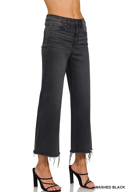 Kvinders Cropped Jeans Høj Talje Vasket Sort 1