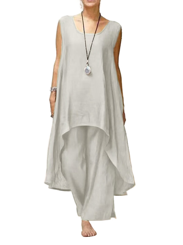 Kvinders To-delt Sæt Uregelmæssig Ærmeløs Top Linned og Bomuld 0