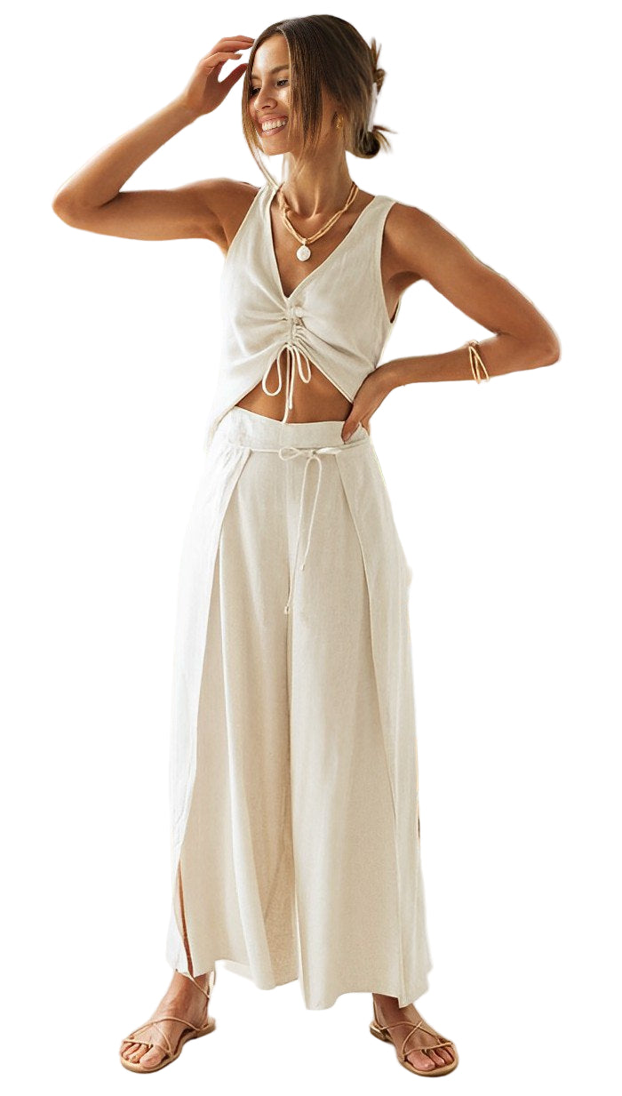 Kvinders To-delt Sommer Sæt Løs Pasform Åndbart Stof V-udskæring Stropærmer 0