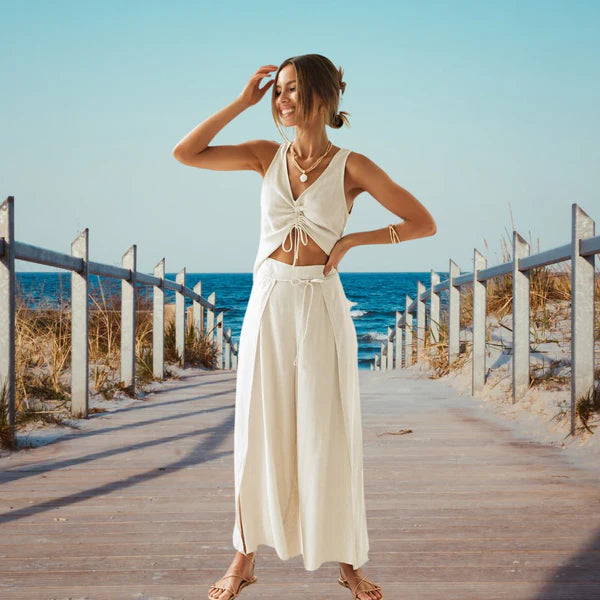 Kvinders To-delt Sommer Sæt Løs Pasform Åndbart Stof V-udskæring Stropærmer 5