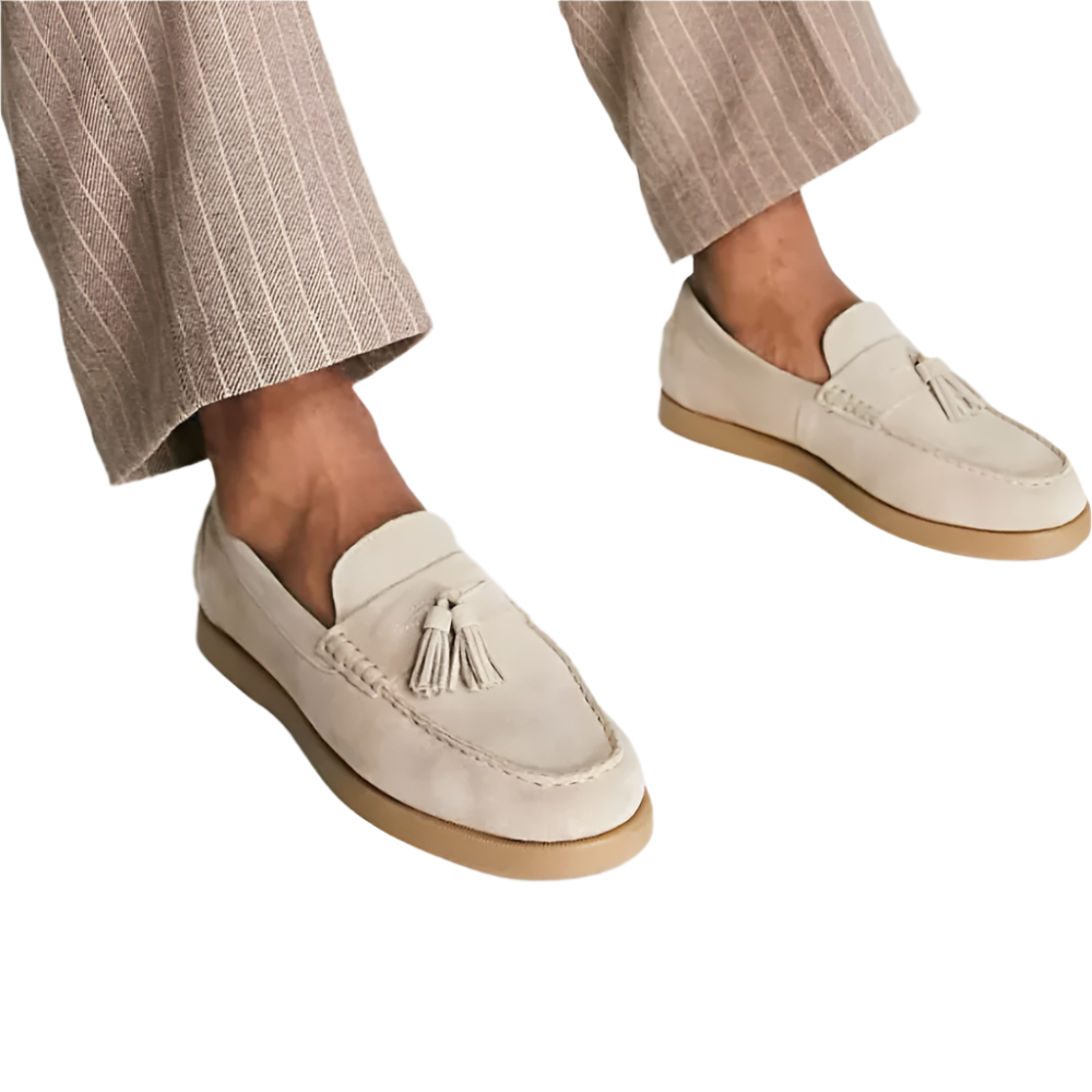 Mænds Læder Loafers Elegant Beige Perforeret Design-1