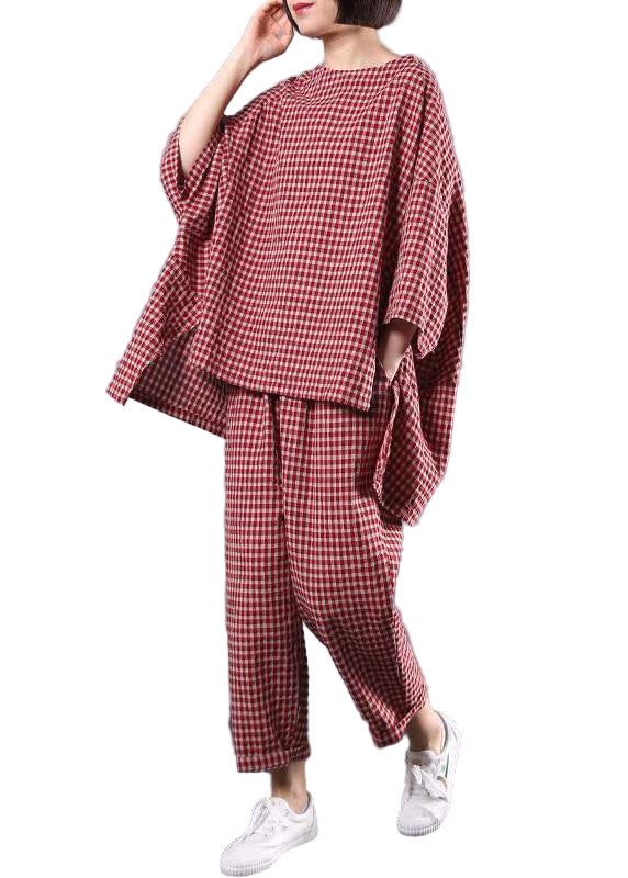 Plus Size T-shirt og Bukser Sæt i Rød Ternet Design 0
