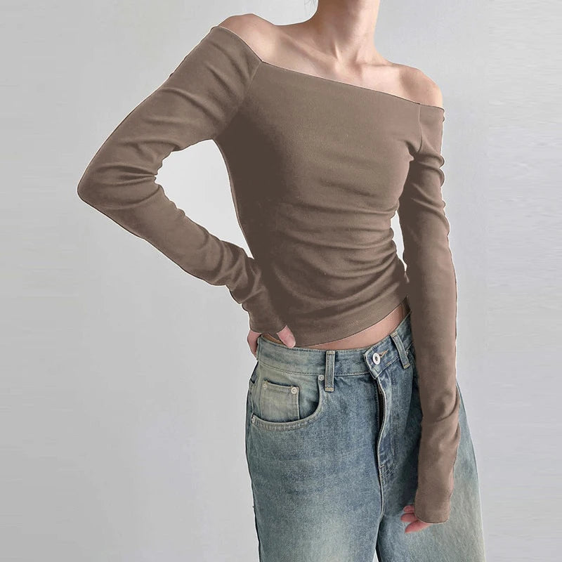 Ensfarvede langærmede off shoulder-toppe