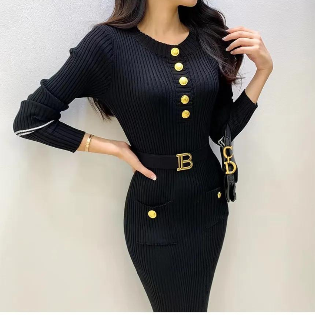 Halvknappet strikkjole til kvinder