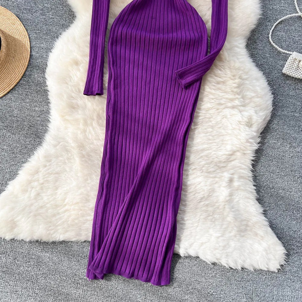 Langærmet strikket pencil-kjole til kvinder