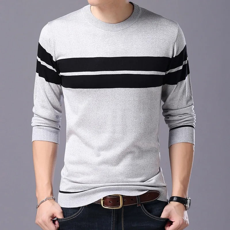 Patchwork-pullover med O-hals til mænd