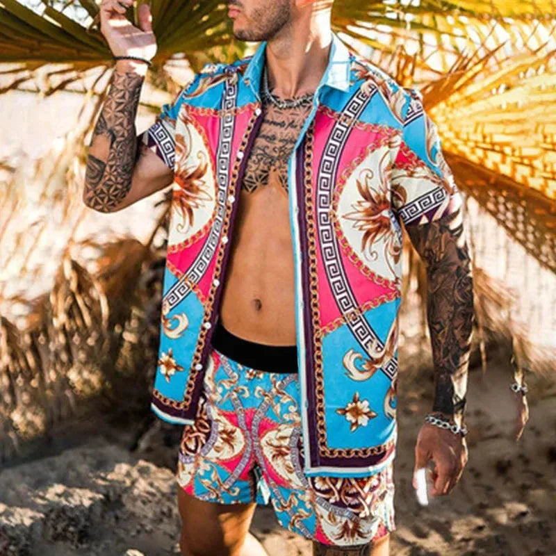 Herre To-delt Sæt 3D-tryk Patchwork Sommer Bomuld