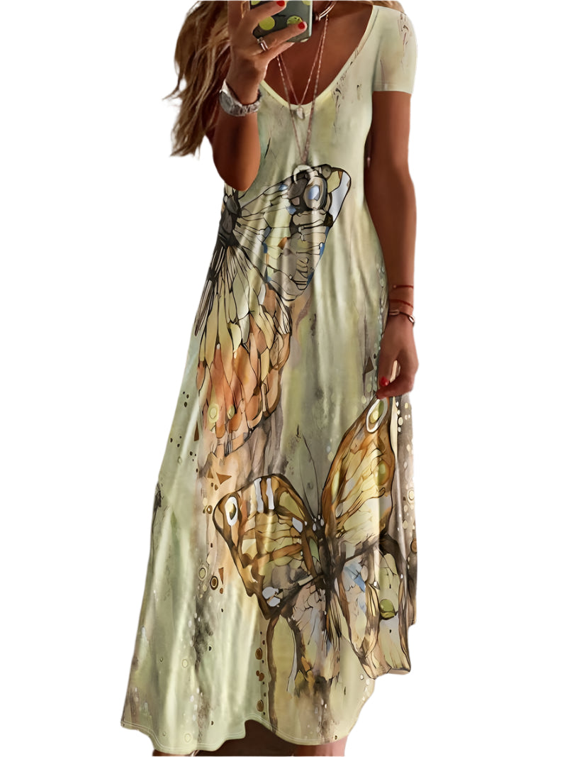 Kvinders V-hals Kjole Sommerfugleprint Let Bomuld-1