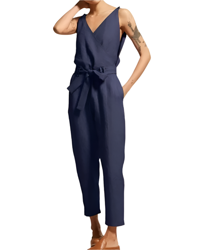 Damer Heldragt Løs Silhuet i Linned med Justerbar Talje-1