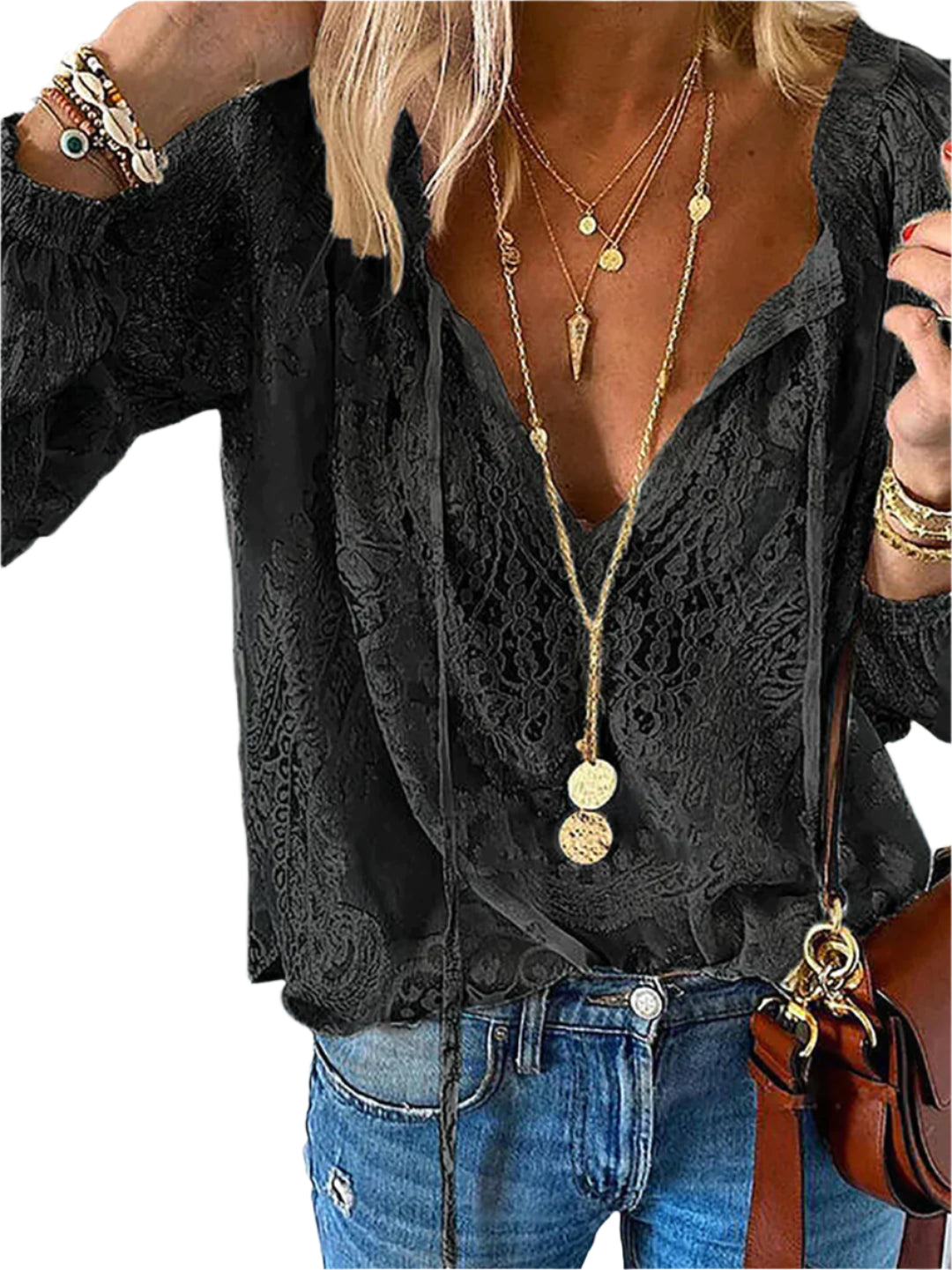 Skjortebluse Dame med Spidse Detaljer i Let Bomuld-1