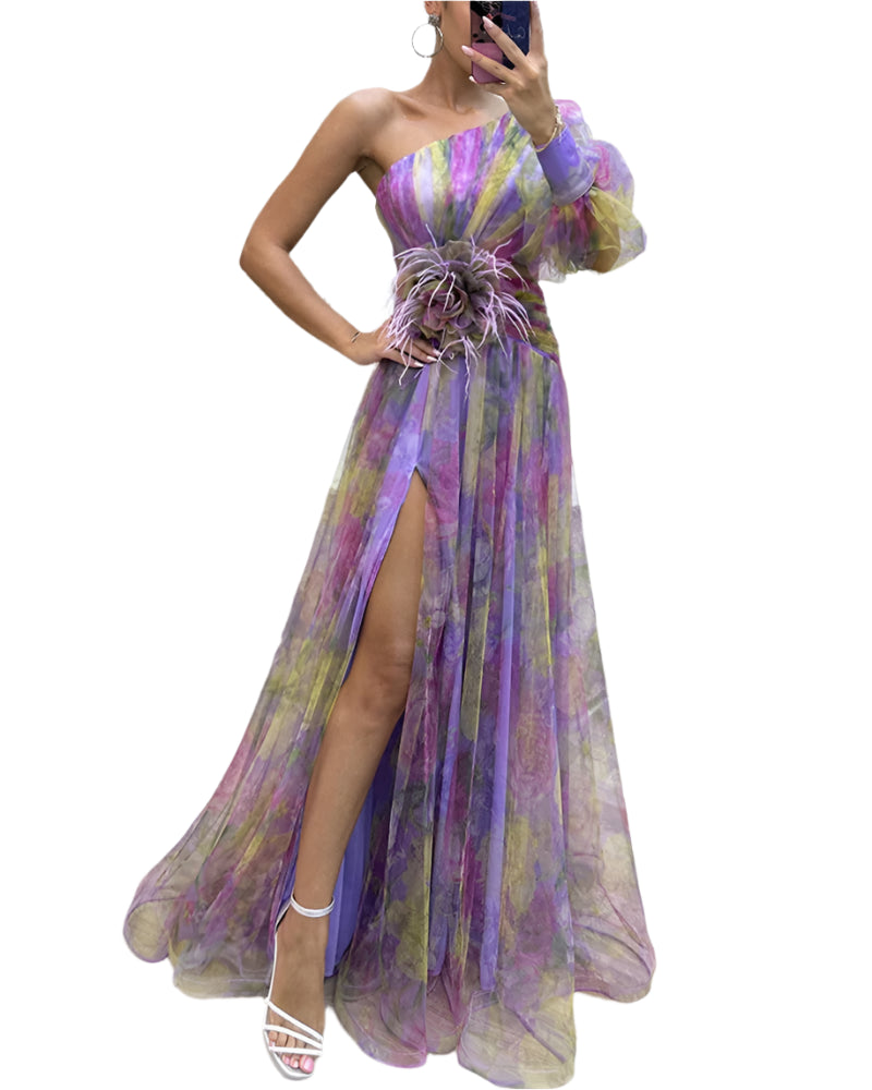 Festkjole til Damer Plisseret Blomsterprint Bæredygtig Polyester En Skulder 1