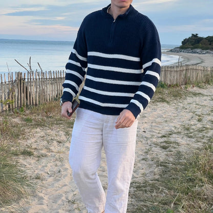 Herre Pullover Sweater Stribet Halv Lynlås Bomuldsblanding 3