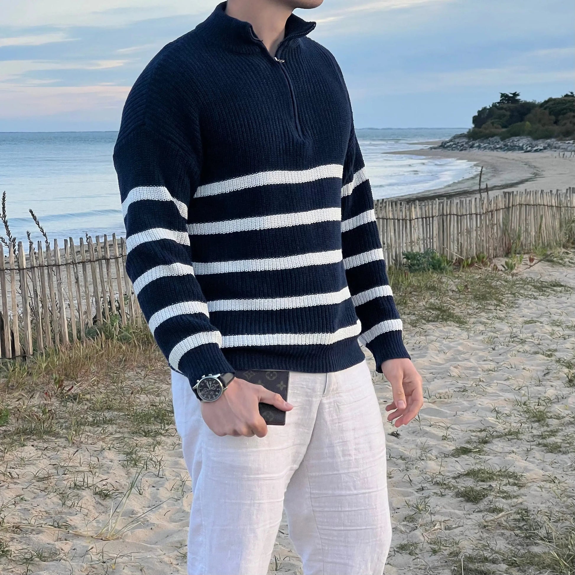 Herre Pullover Sweater Stribet Halv Lynlås Bomuldsblanding 4