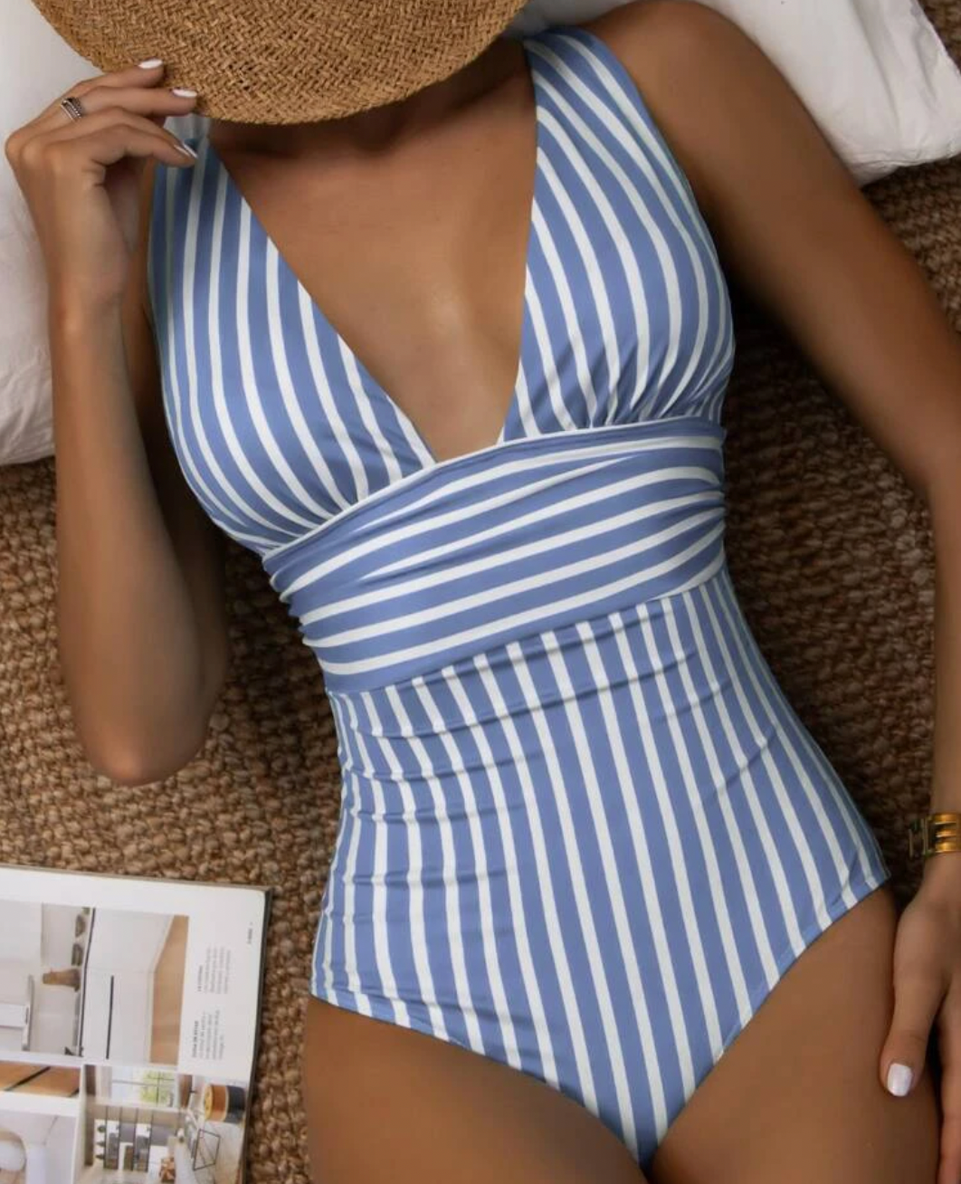 Badedragt Dame Stribet Figurformende Komfortabelt Materiale Plus Size-5