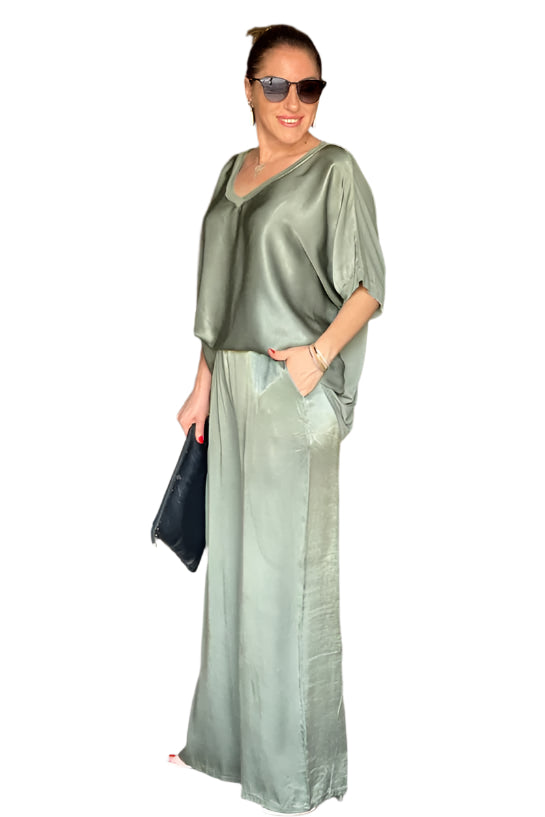 Variant image for Kvinders To-delt Satin Sæt Elegant Bluse og Bukser-1