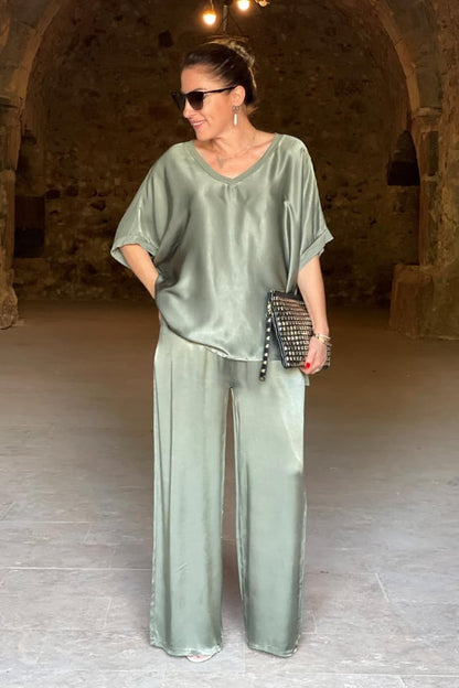 Kvinders To-delt Satin Sæt Elegant Bluse og Bukser-3