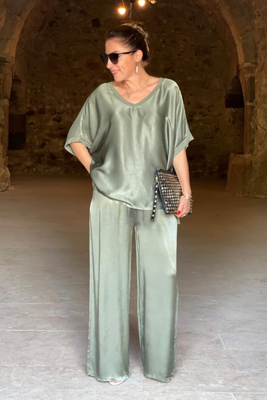 Kvinders To-delt Satin Sæt Elegant Bluse og Bukser-3