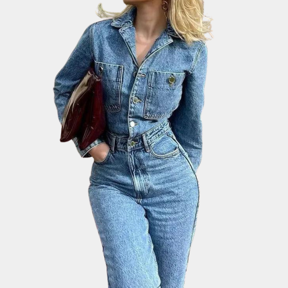 Dame Jumpsuit Denim Med Lange Ærmer Flatterende Pasform-2