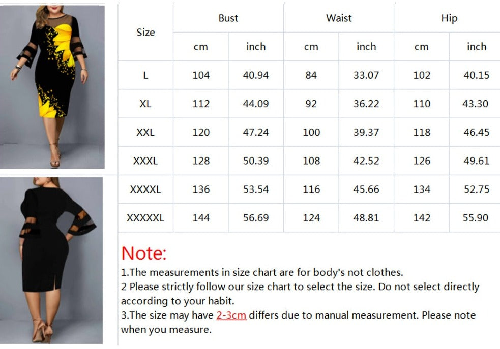 Casual kjole med solsikkeprint i store størrelser