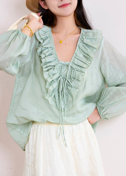 Dame Bluse Langærmet Med Flæser og Patchwork 1