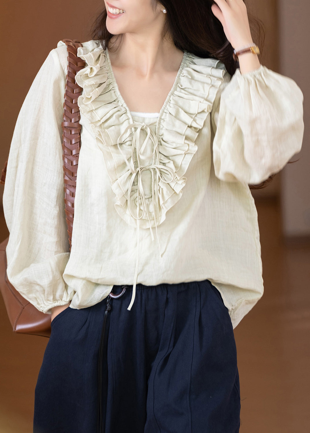 Dame Bluse Langærmet Med Flæser og Patchwork 2
