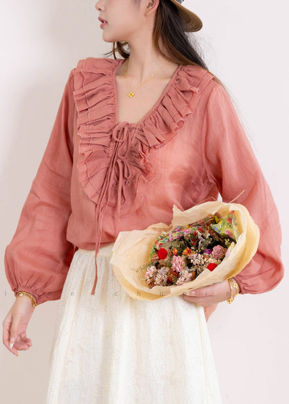 Dame Bluse Langærmet Med Flæser og Patchwork 3
