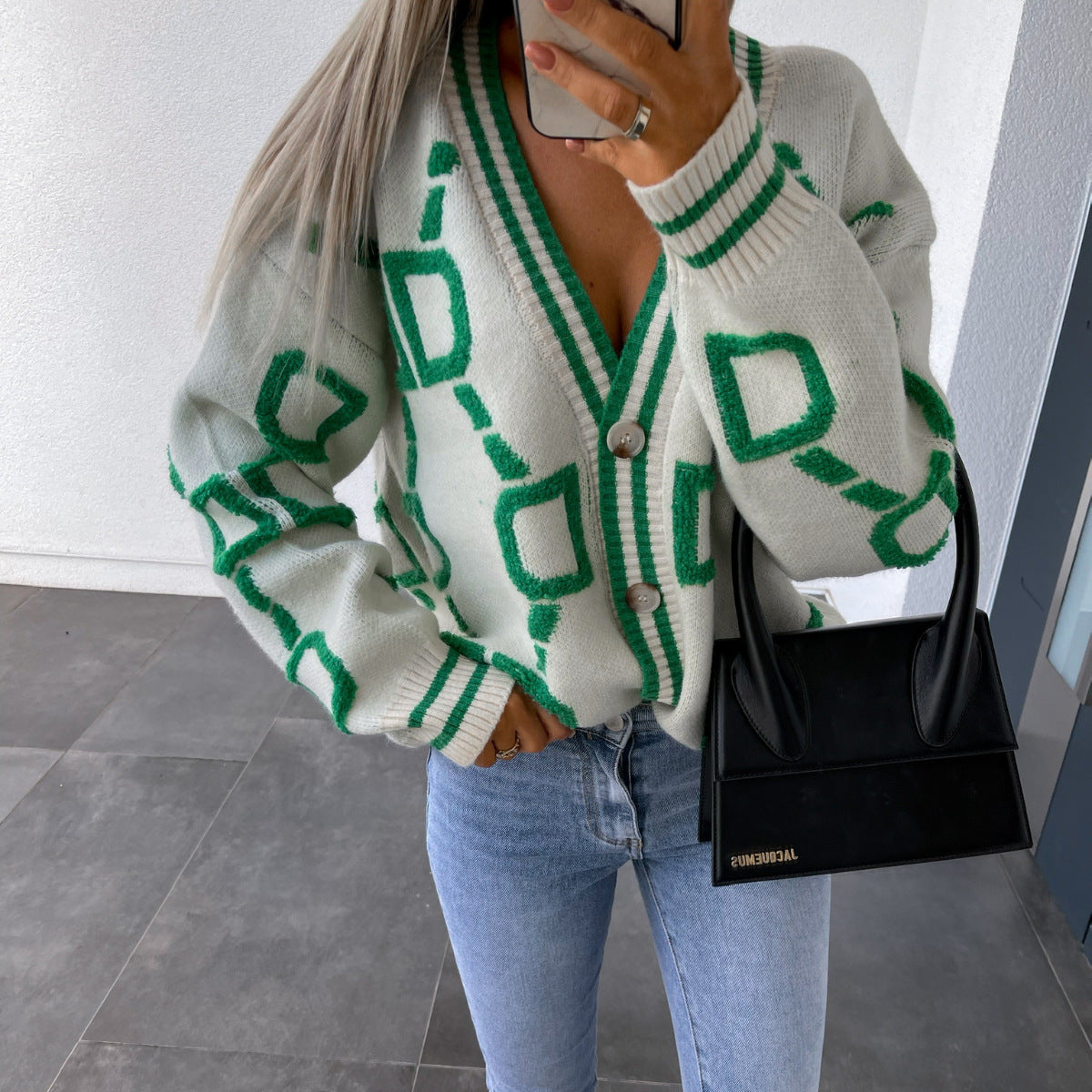 Dame Cardigan V-Hals Med Kontrastfarver 8