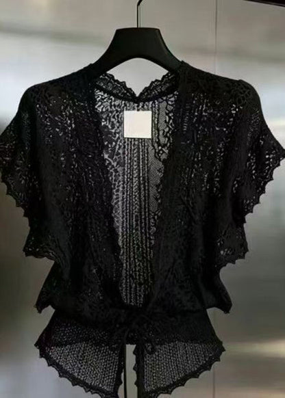 Dame Cardigan V-hals Med Blonde Detaljer Korte Ærmer 1