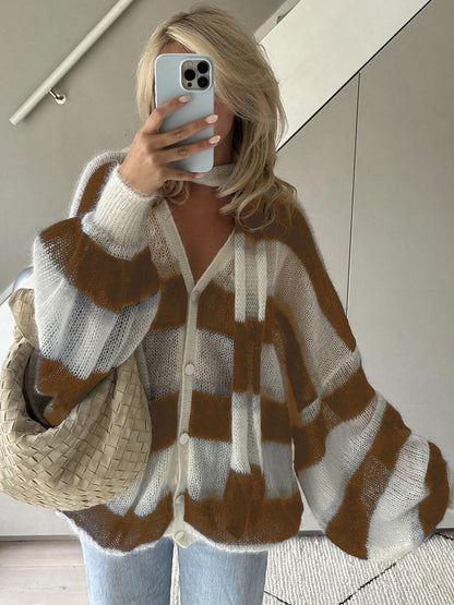 Dame Cardigan med Striber og Tørklæde 6