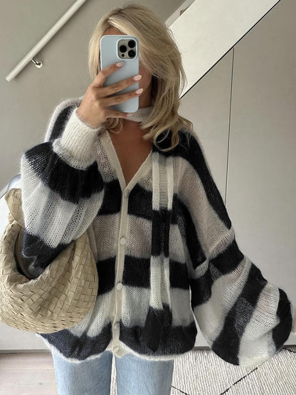 Dame Cardigan med Striber og Tørklæde 7