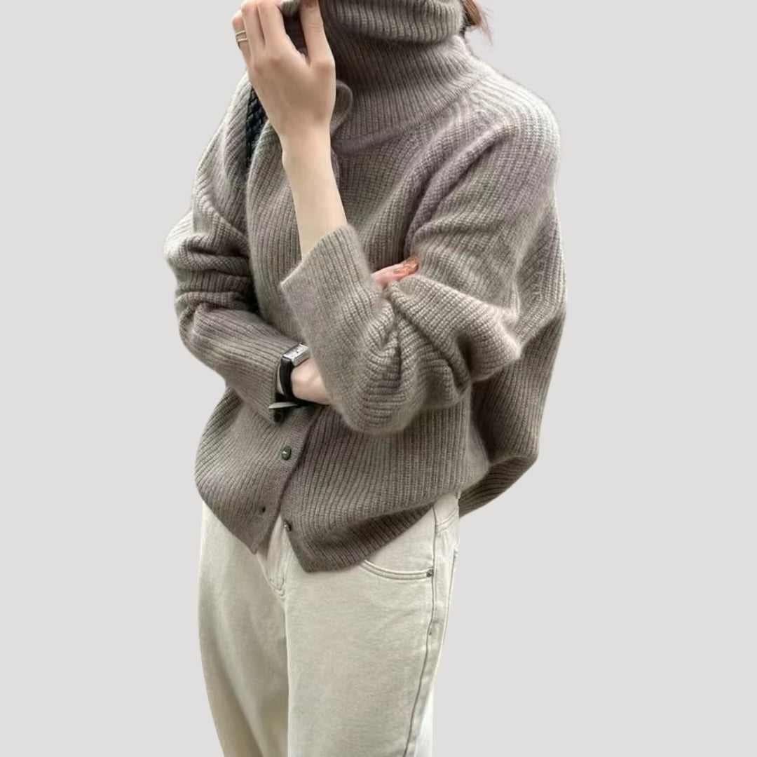 Dame Chunky Strik Cardigan Med Høj Krave 1