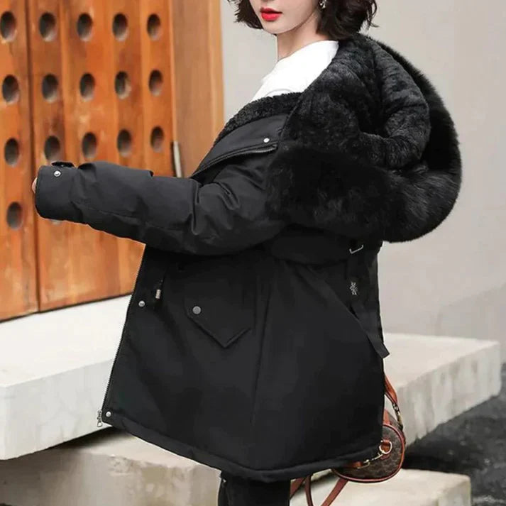 Dame Jakke Casual med Hætte og Kunstpels Krave 2