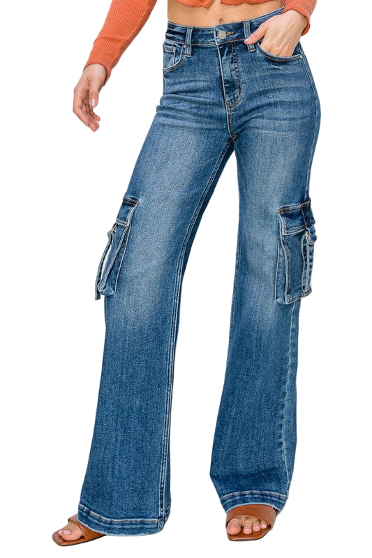 Dame Jeans Høj Talje Cargo Lommer Bred Denim 0