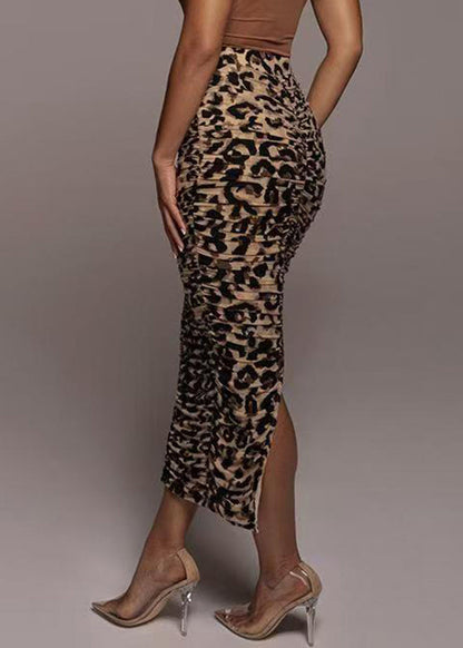 Dame Maxi Nederdel Rynket Høj Talje Leopardprint 3