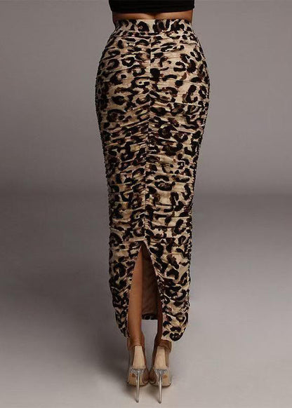 Dame Maxi Nederdel Rynket Høj Talje Leopardprint 4