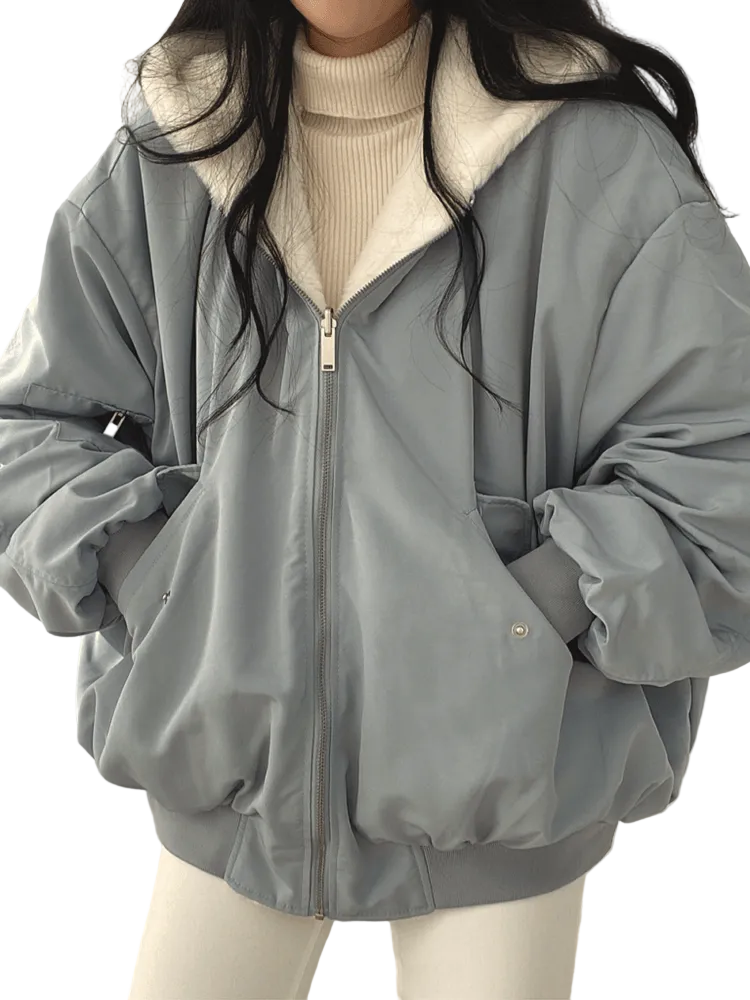 Dame Oversized Vinterjakke Med Lynlås og Ribbede Detaljer 0
