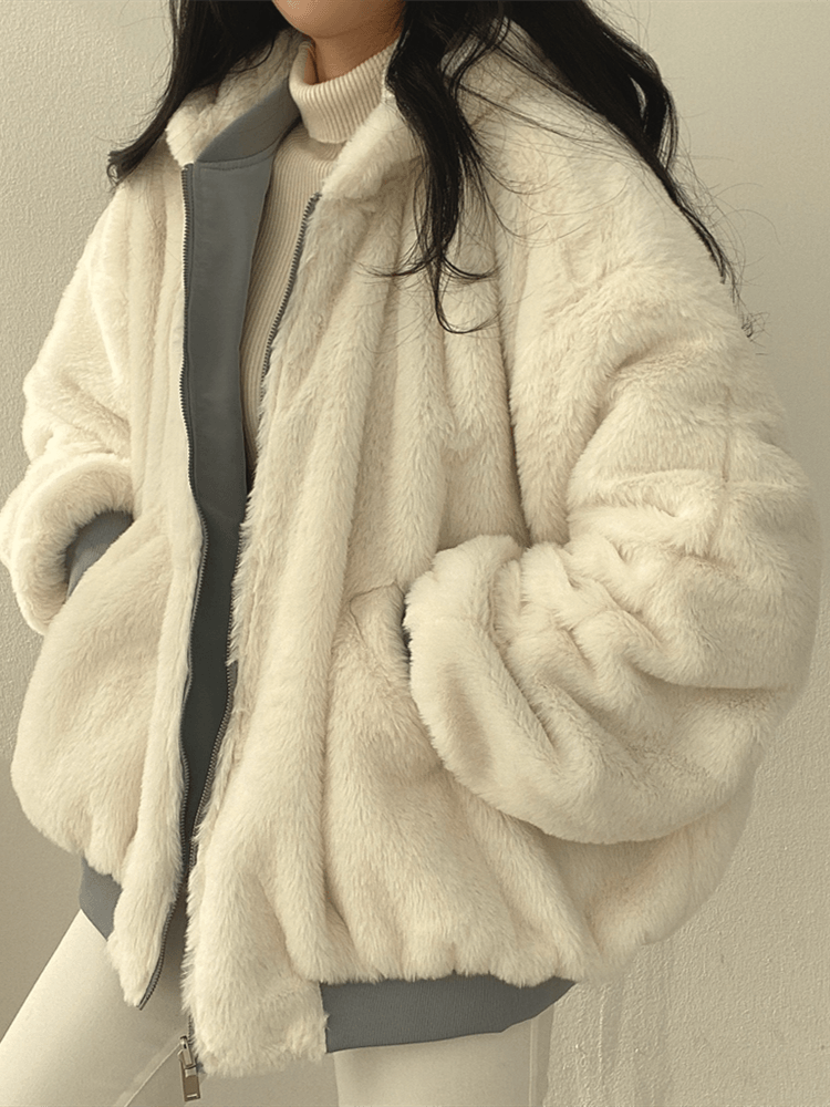 Dame Oversized Vinterjakke Med Lynlås og Ribbede Detaljer 2