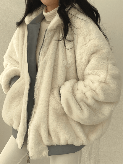 Dame Oversized Vinterjakke Med Lynlås og Ribbede Detaljer 2