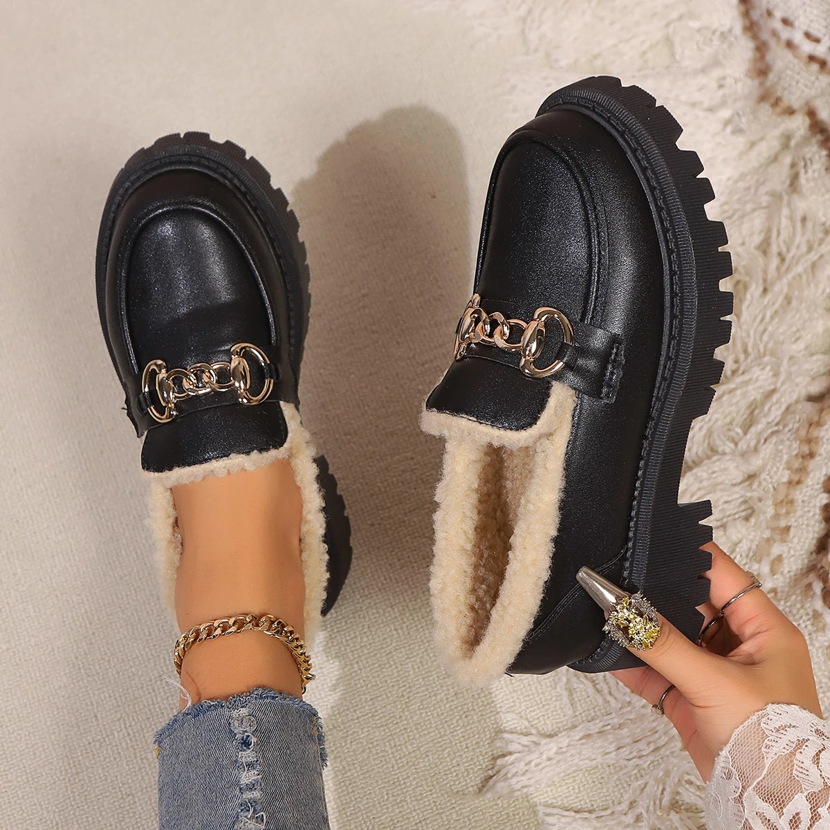 Dame Platform Loafers med Sherpa For 0