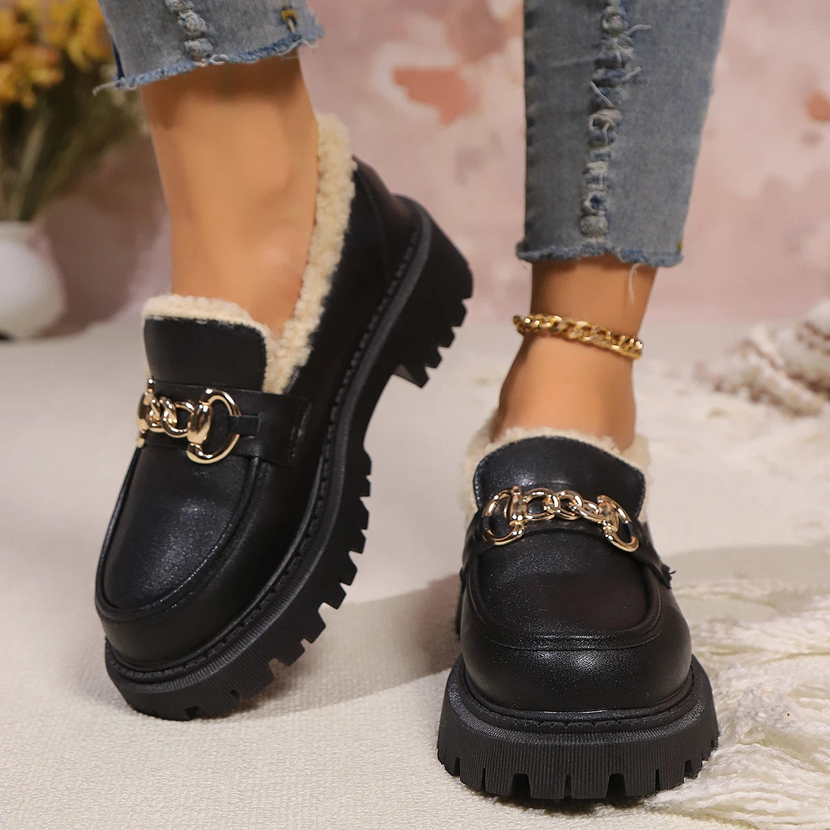 Dame Platform Loafers med Sherpa For 4