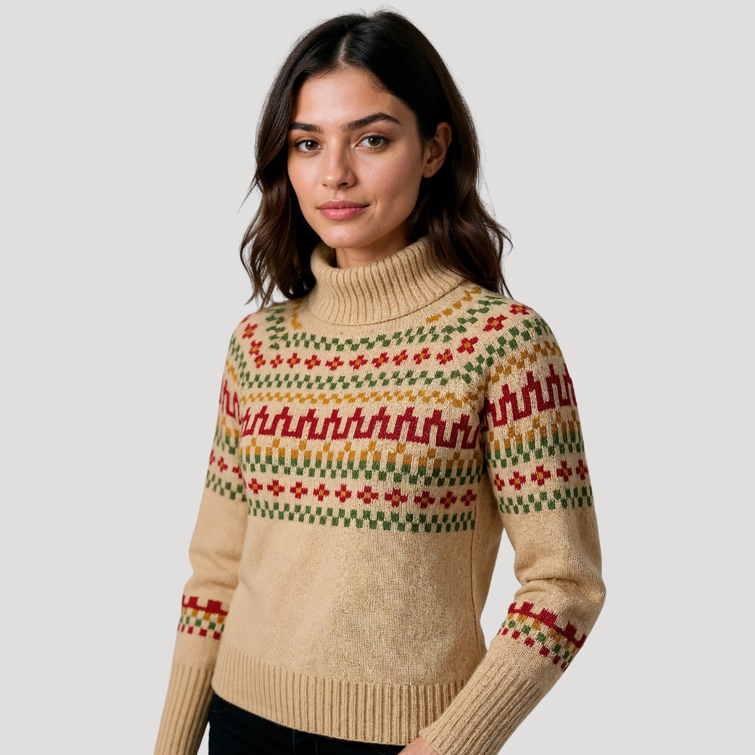 Dame Strikket Sweater med Rullekrave Mønstret 3