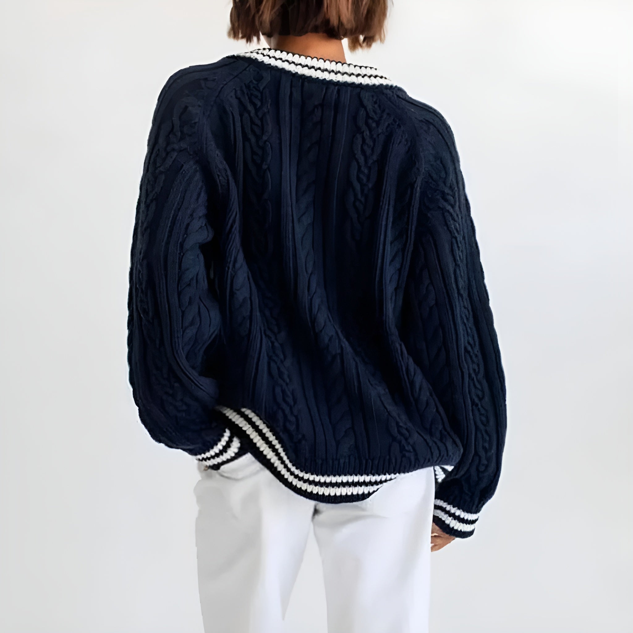 Dame Sweater Kabelstrikket V-Hals Oversized 3