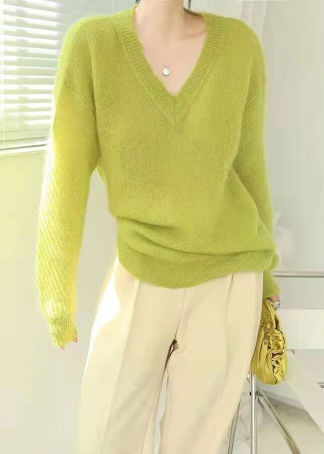 Dame Sweater V-Hals Fluorescerende Grøn Moderne Stil 1