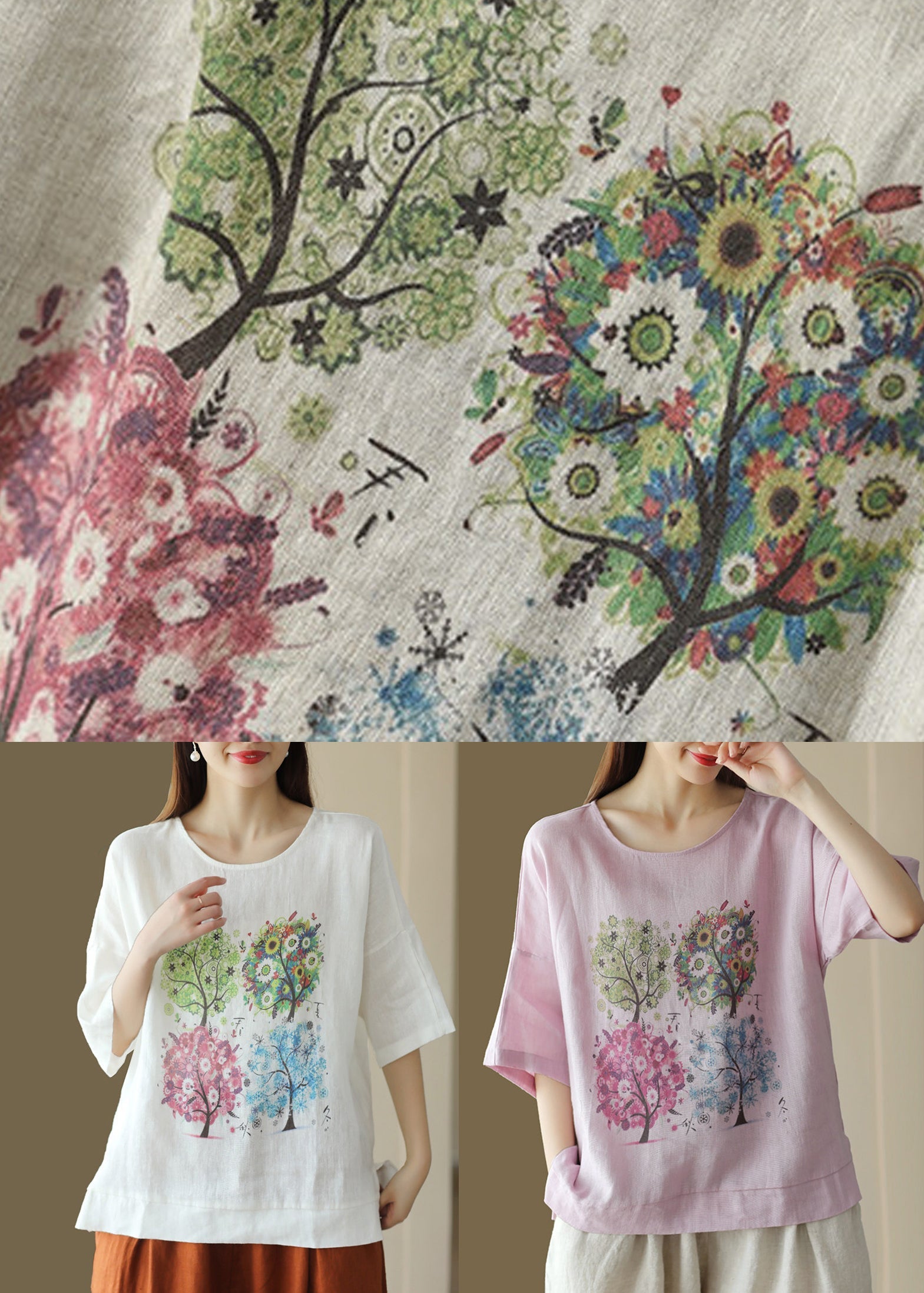Dame T-shirt med O-hals og print i sommerstil 4