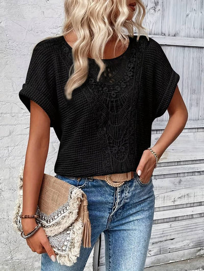 Dame T-shirt med Rund Hals og Blonder 1