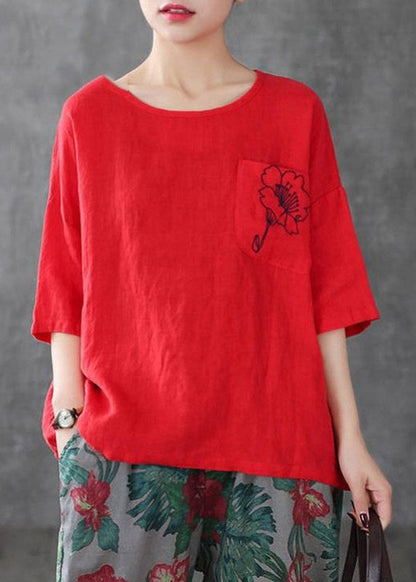 Dame T Shirt O-hals med Broderede Detaljer 1